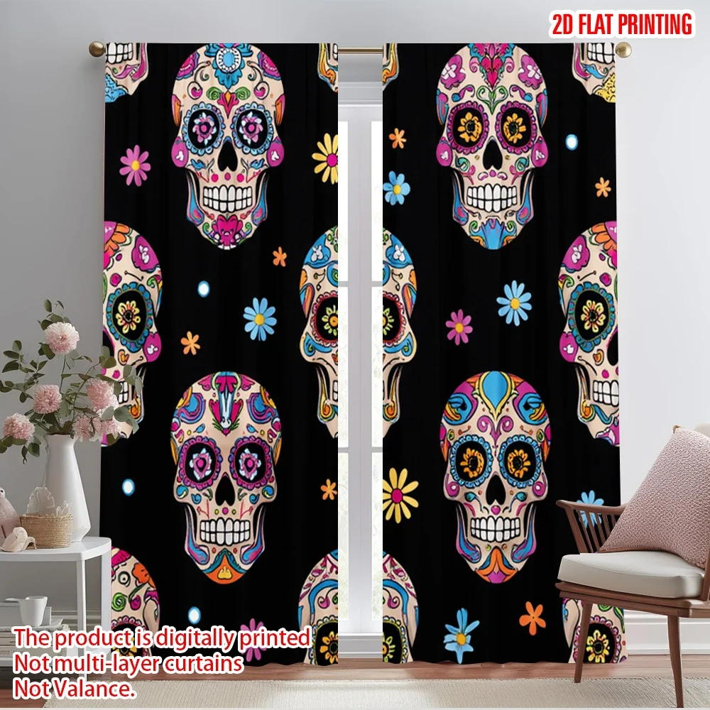2pcs 2D flat printing Halloween Window Curtains Day of the Dead Flower Skull Polyester Without Electricity Festive Holiday Use