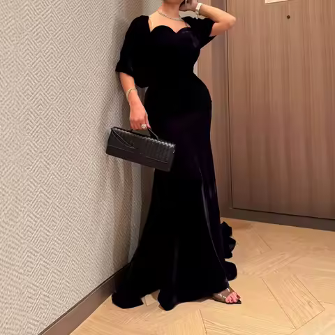 Lady Casual Short Sleeve Slim Long Dress Sweet Sweetheart Neck Velvet Evening Dress Fashion Hight Waist Solid Floor Length Dress