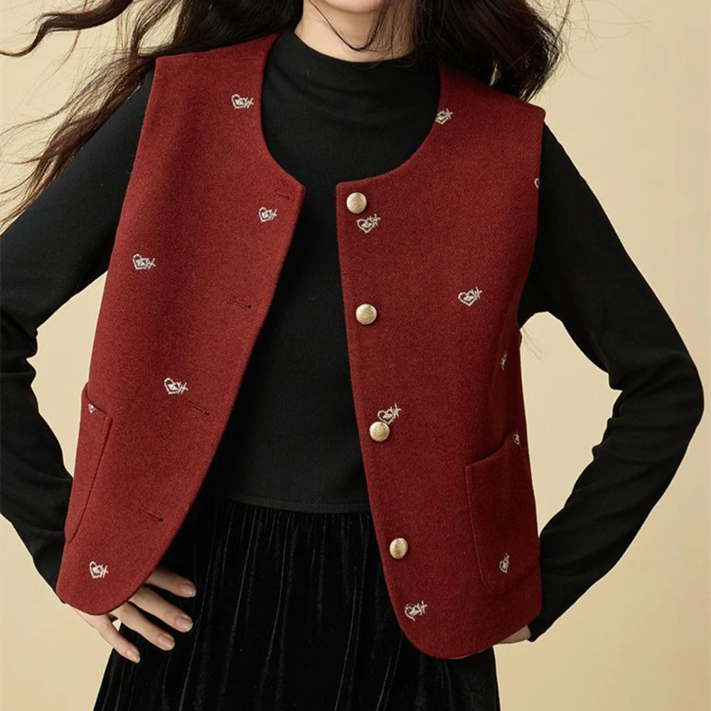 

Vintage red woolen vest outside, a new fashionable foreign jacket for autumn and winter, a sleeveless fragrant shoulder top