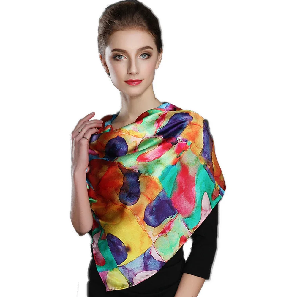 100% Pure Silk Large Square Scarf Shawl Nourish Skin Wraps Women's Best Gift Colorful stone Pattern 106cm