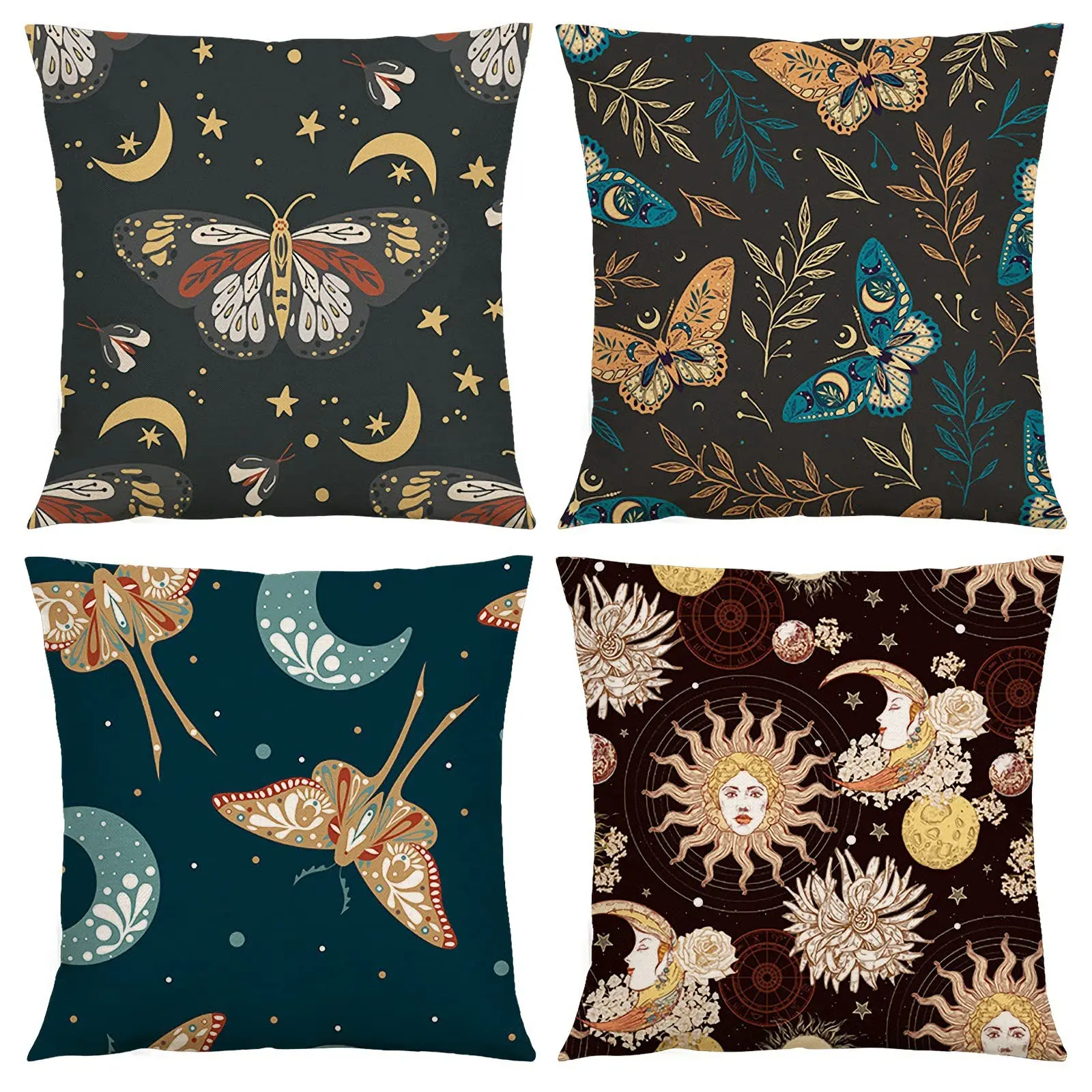 

Sun and Moon Throw Pillow Covers 18x18 Set of 4, Mysterious Moth Butterfly Stars Floral Linen Square Pillow Cushion Cases