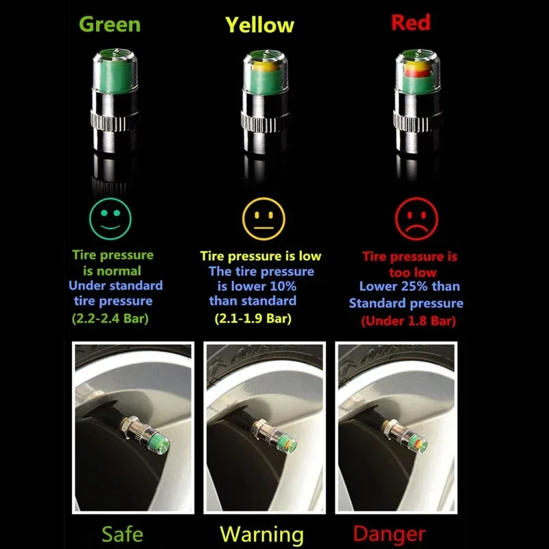

4pcs Motorcycle Car Tire Pressure Monitor Valve Cap Sensor Indicator Eye Alert Auto Tire Pressure Inspection Tool Tire valve