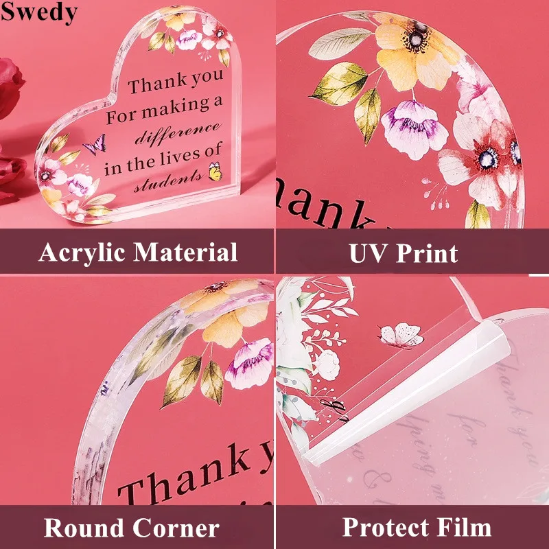 15x15cm Thank You Gifts For Teacher Appreciation For Employee Coworker Friends 15mm Thick Acrylic Heart Sign Presents Stand