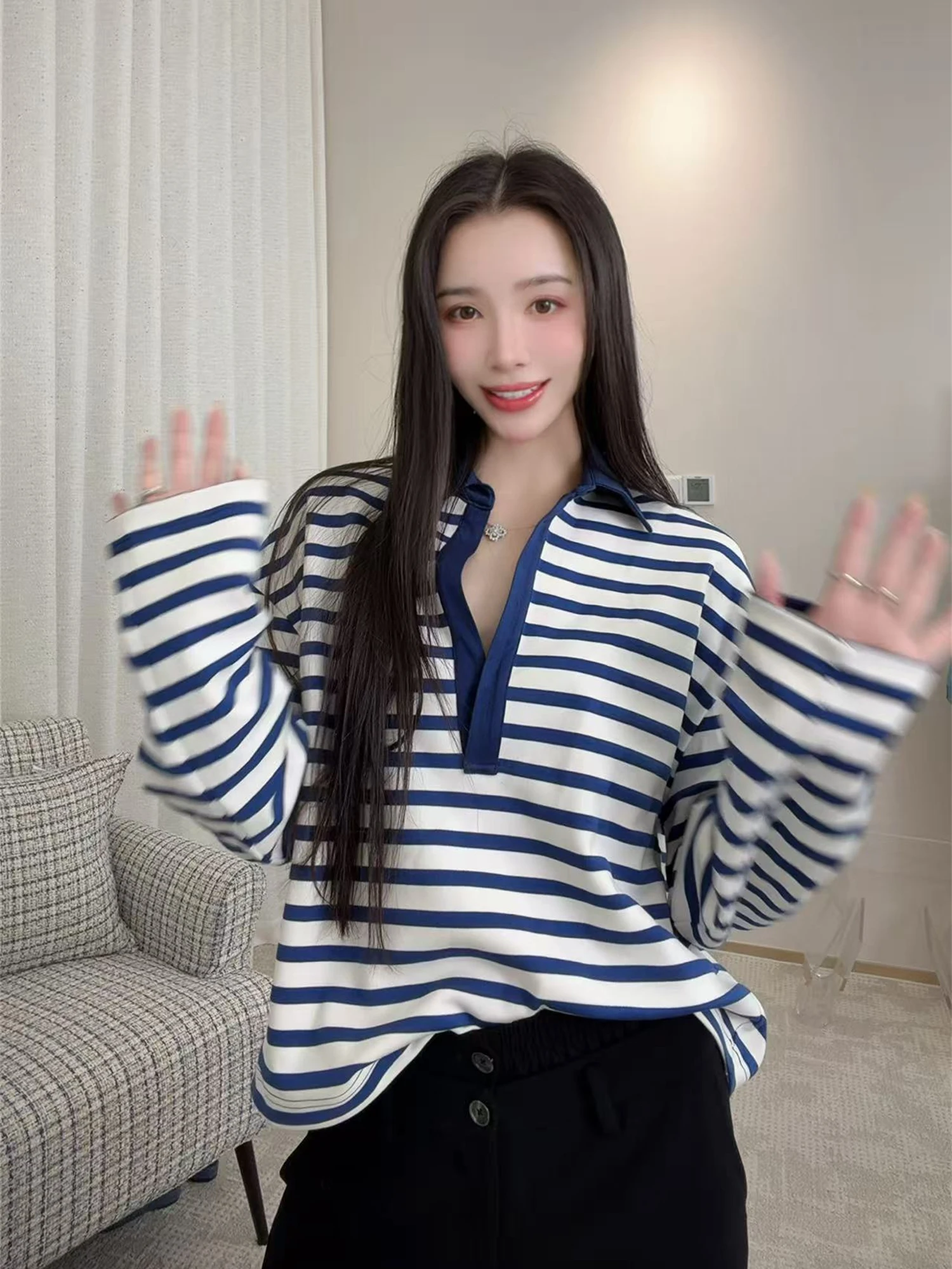 

Classic Blue White Stripes Cotton Top Shorts Set NOTING NINE Vacation Blue High Waist Elastic Band Casual Style Women's Suit