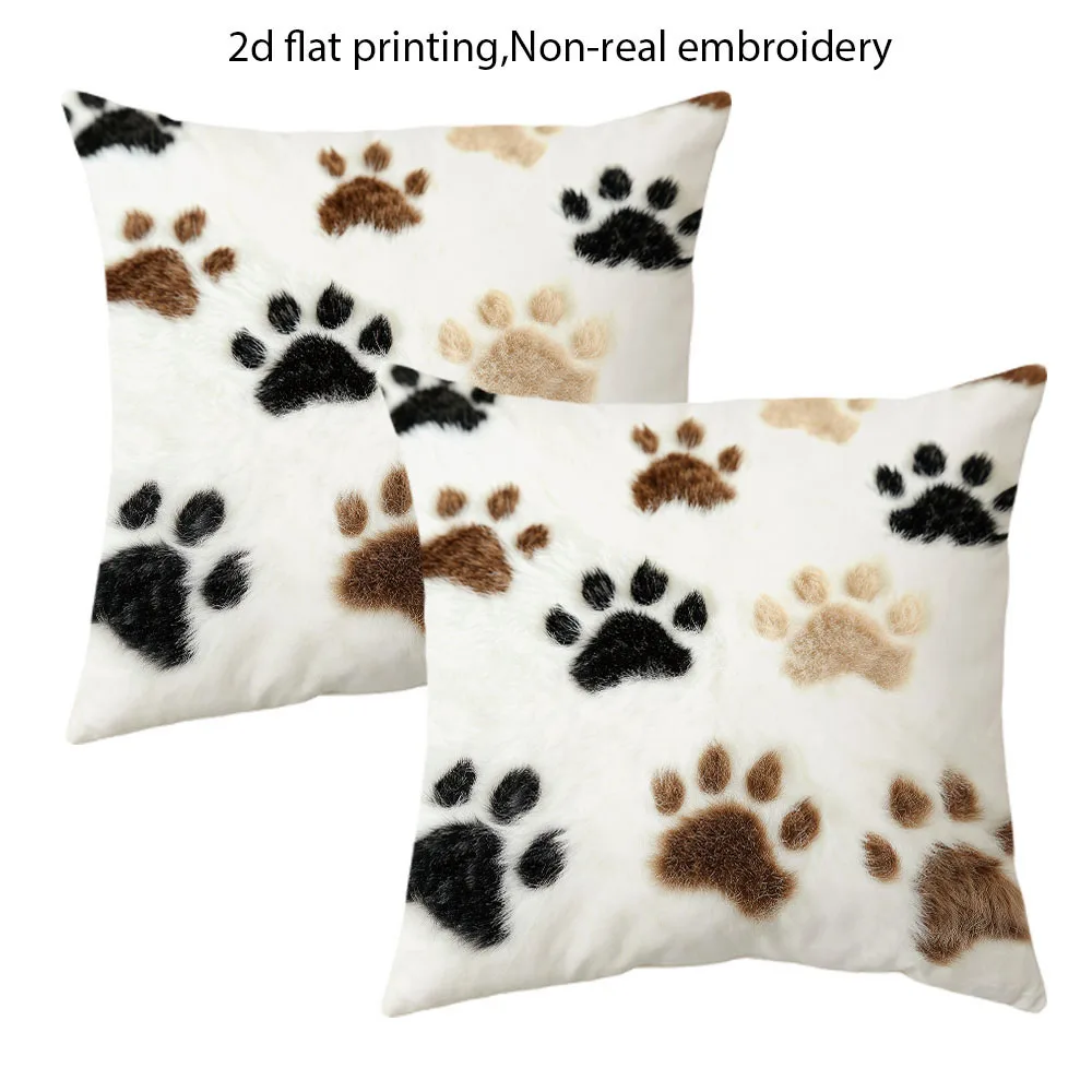 2pcs Cute Paw Print Faux Fur Throw Pillow Covers Soft Plush Cushion Cases for Pet Lovers Home Decor