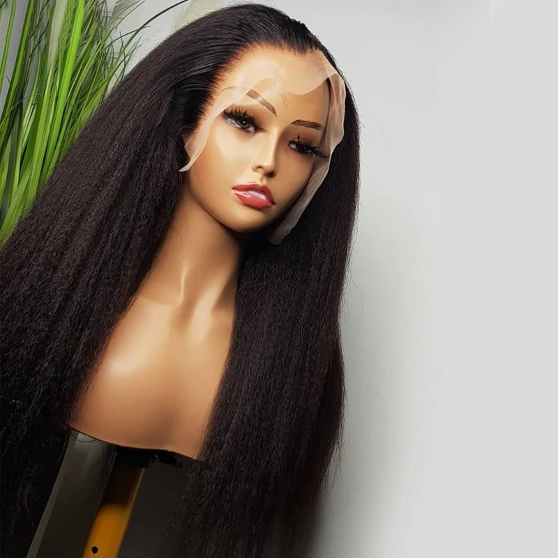 

Yaki Soft 180 Density 26 inch Soft Black Kinky Straight Preplucked Lace Front Wig For Women Natural Hairline Wig With Baby Hair