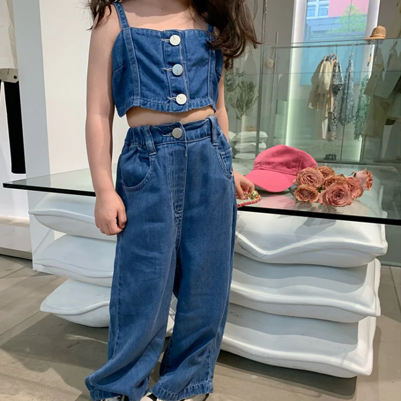 Kids Clothing Girls 2 Pieces Sets Suspender Pants Sleeveless Jeans Wide Leg Solid Color Button 2023 Summer New Fashion Cute