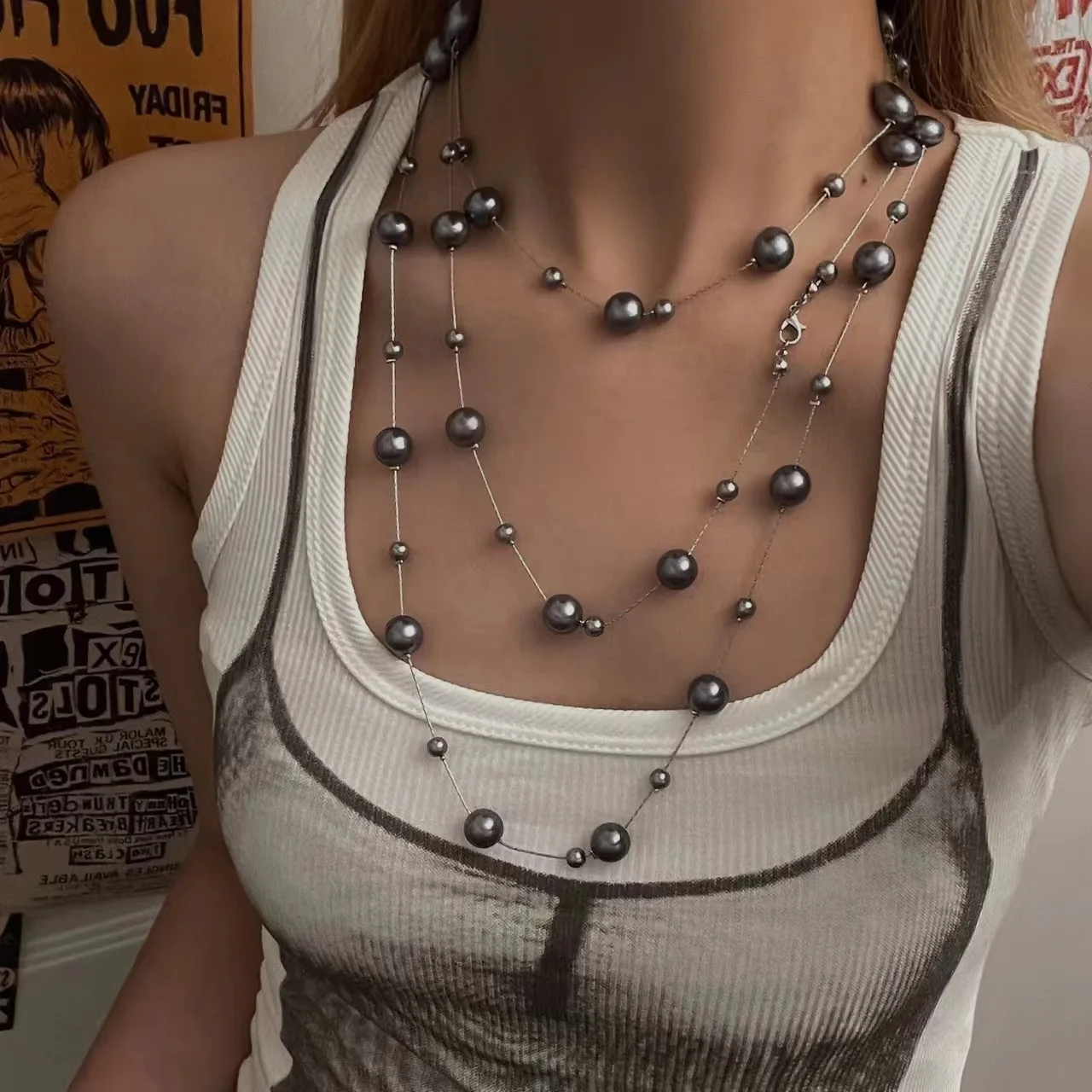 Explosive multi-layer stacked pearl necklace subculture heavy industry punk hip-hop Y2K collarbone chain necklace