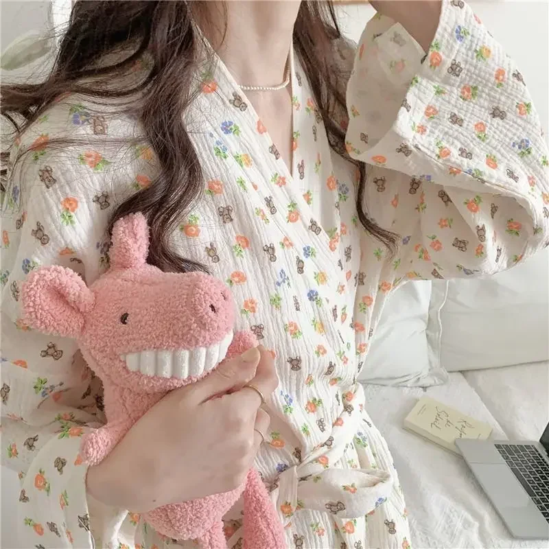 Women's Pajamas Home Clothes Night Dress Robe Long Sleeve Korea Woman Summer Offer Sleepwear Sexy Korean Attractive Nightwear