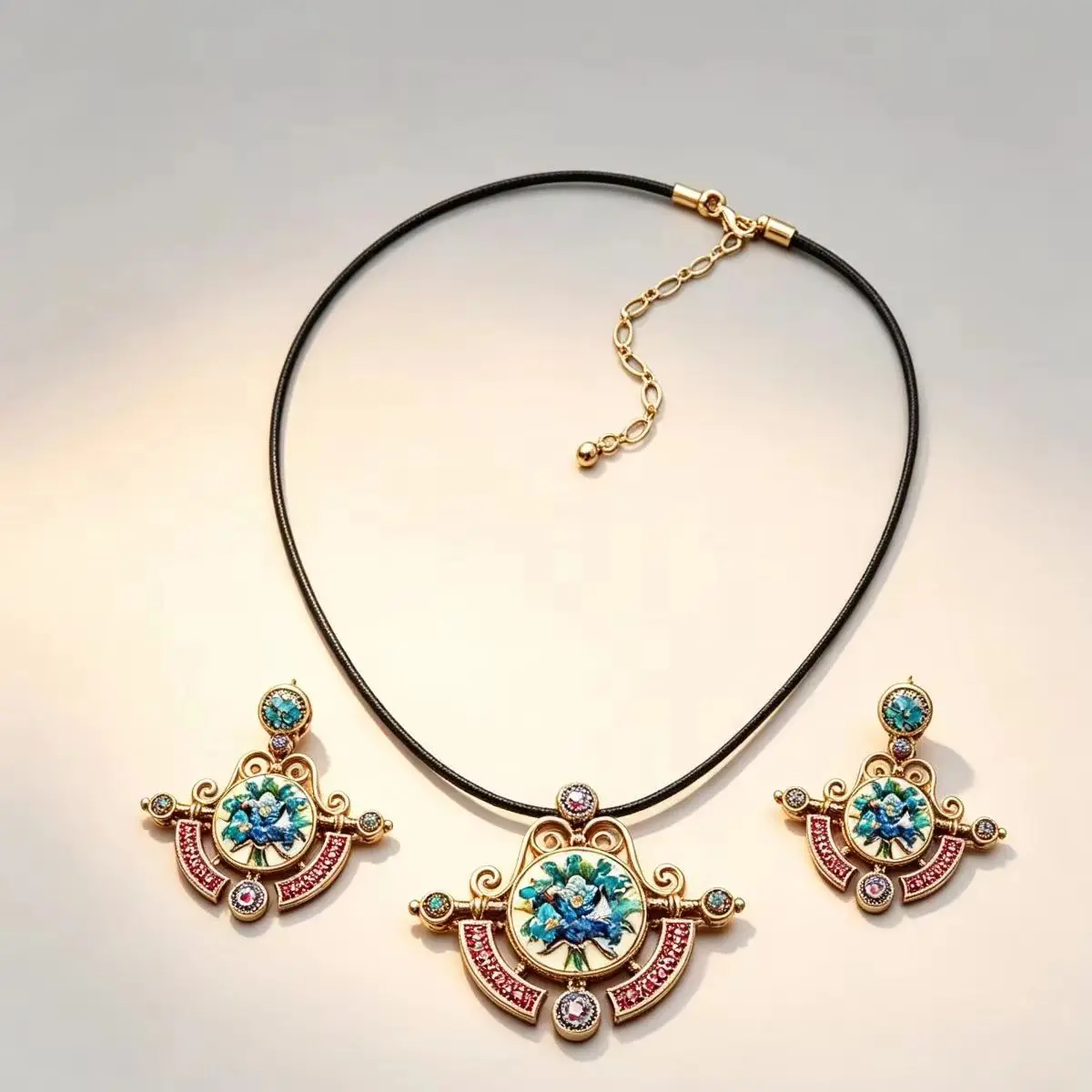 Western-Style Vintage Court Blue Enamel Set, Retro Distressed Floral Earrings and Necklace, Niche Craftsmanship Jewelry