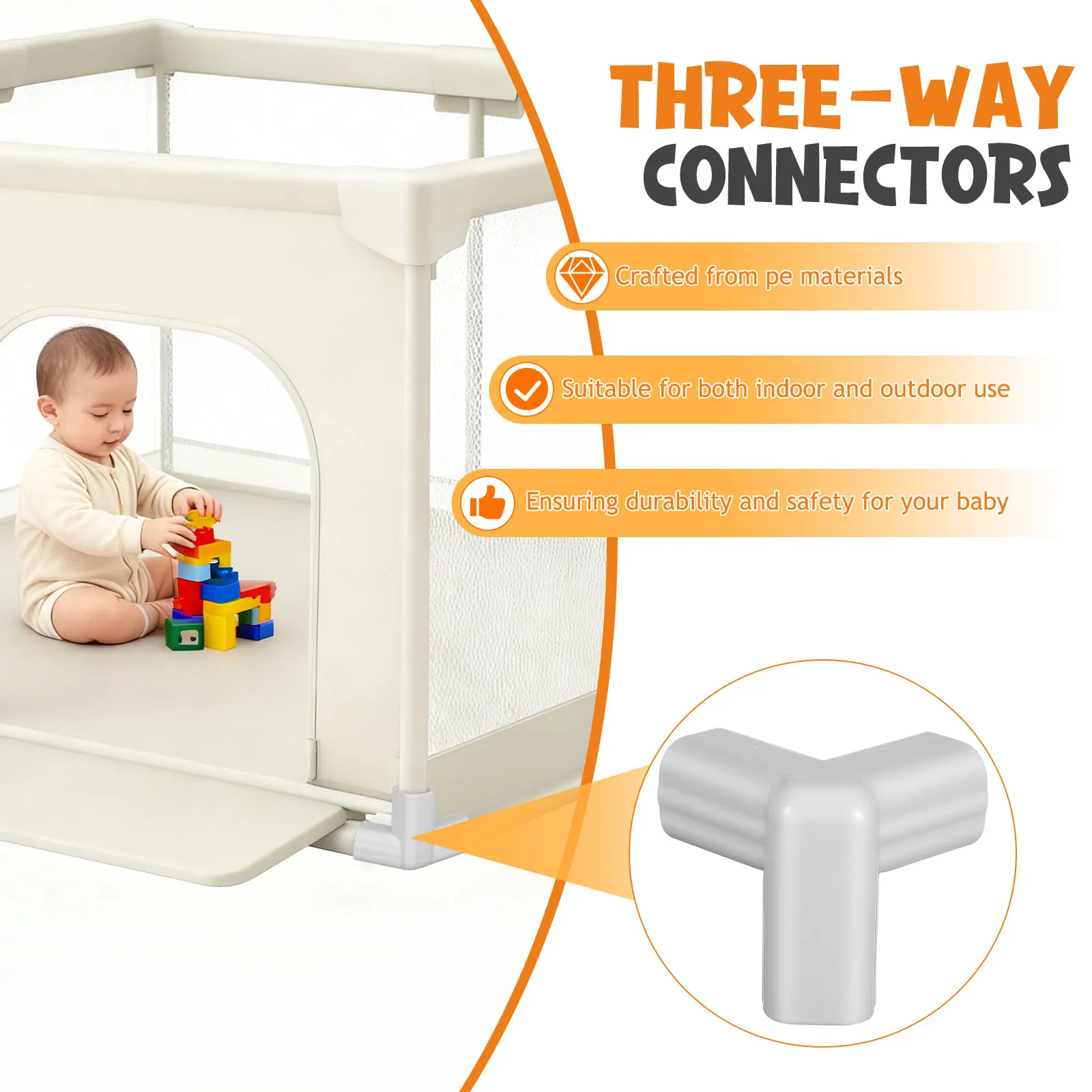 4Pcs Durable Steel Three Way Connectors T Joint Playpen Fence Accessories Baby Safety Indoor Outdoor PVC Pipe Fittings