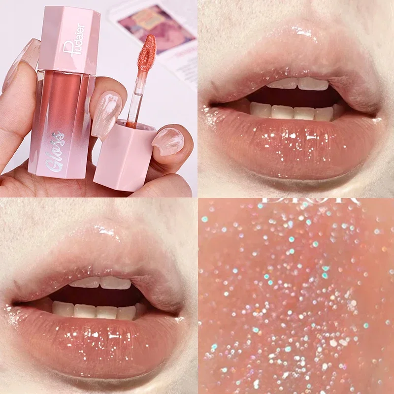 Pearl Diamond Shimmer Glitter Lip Gloss Transparent Water Light Jelly Lip Oil Lasting Moisturized Non Sticky Cup Liquid Lipstick