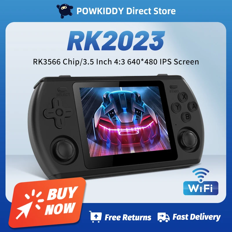 POWKIDDY RK2023 Pure Black WIFI Version Retro Handheld Video Game Console 3.5 Inch 4:3 IPS Screen RK3566 Chip Children's Gift