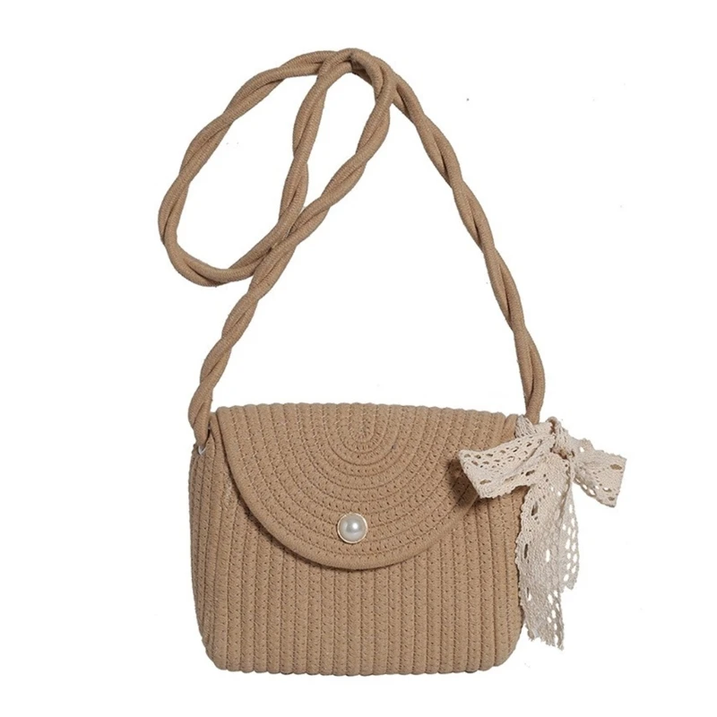 Vintage geweven stro dames crossbody tas met zoete kanten strik schoudertas