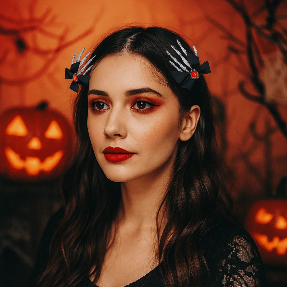 

Bowknot Ghost Claw Hair Clip Gothic Cosplay Headdress Skeleton Hand Hairpin Rhinestone Halloween Headwear
