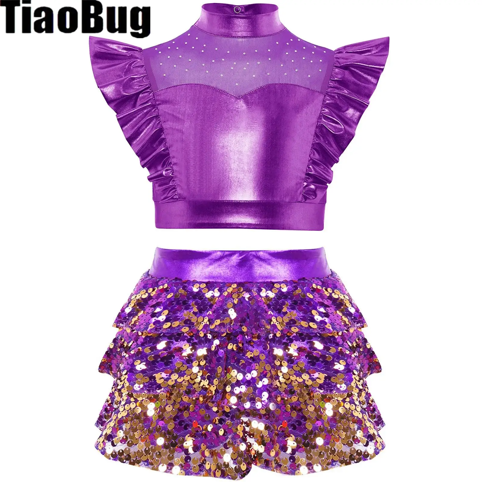 

Girls Rhinestones Jazz Dance Outfit Sleeveless Mesh Metallic Crop Top with Sequin Tiered Skirt Culottes Hip-hop Cheerleading Set