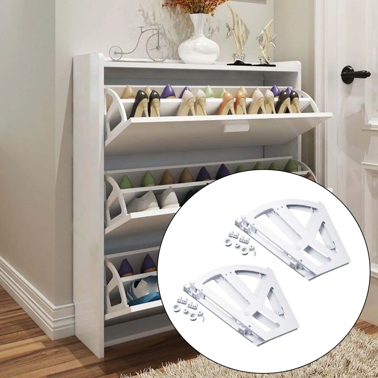 White Plastic Shoe Drawer Flipping Frame Hinge for Folding Shoe Cabinet Entryway Organizer Storage Solutions