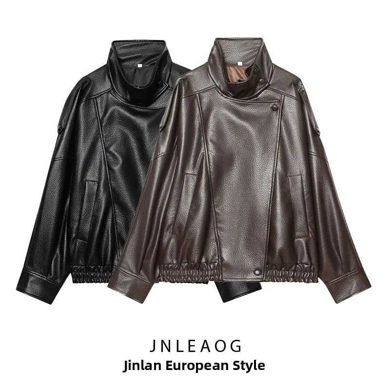 

Faionable Versatile PU Leather Jaet Women's Autumn New Sle Design Casual Busin Long Sve Zipper Coat JNLEAOG