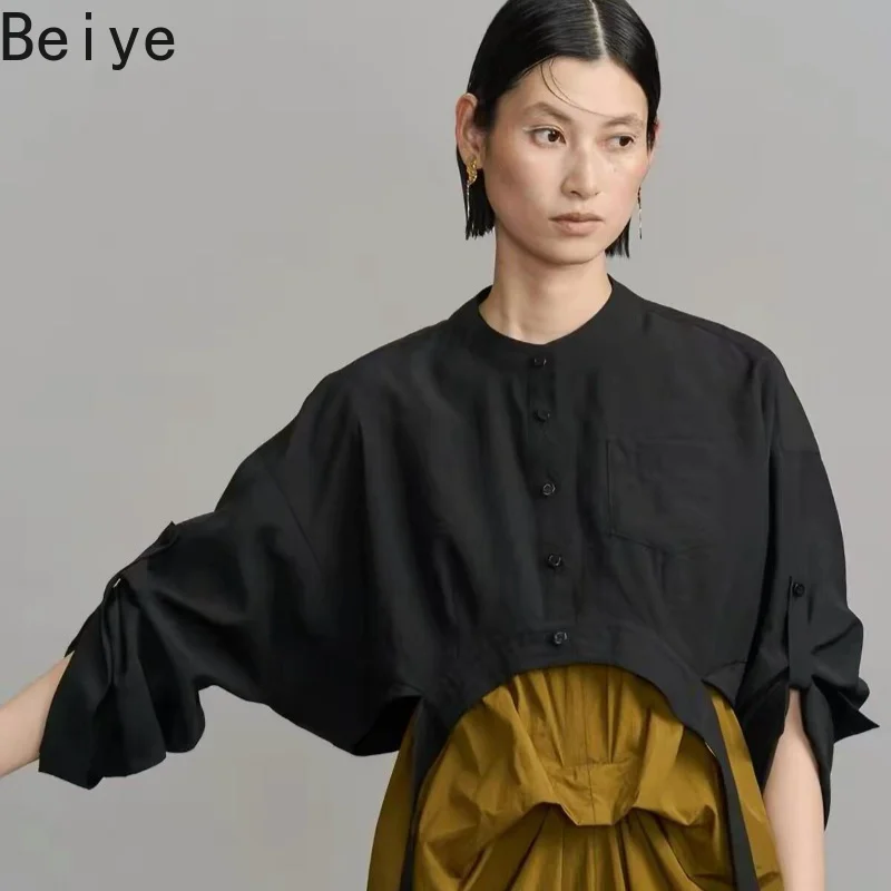 Women Stand Collar Cropped Shirt Batwing Long Sleeve Loose Blouse Female Spring Autumn Oversized Irregular Waist Black Top