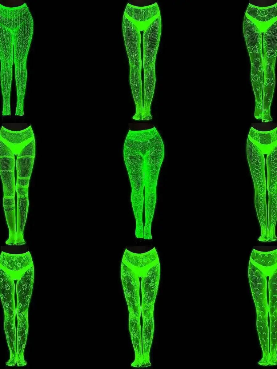 Green Glow Sexy Fluorescent Pantyhose Night Glow Fishnet Stockings Striped Glowing Leggings Body Jacquard Hollow Socks QGA8
