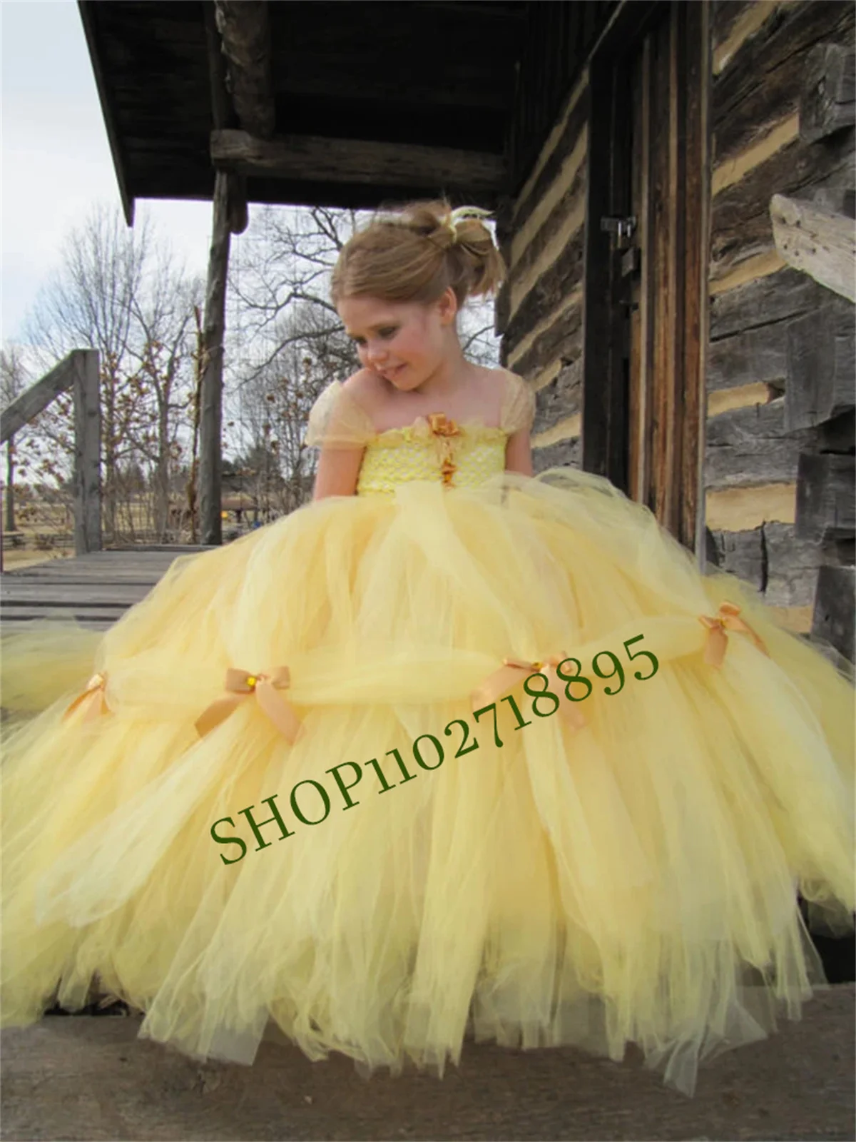 Yellow Tulle Fluffu Flower Girl Dress For Wedding Floor Length With Bow Elegant Child's First Eucharistic Birthday Party Dresses