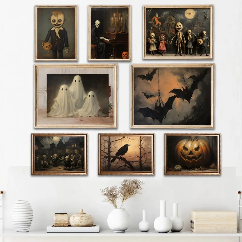 Vintage Gothic Dark Horror Ghost marionetki wrona Halloween plakat i druki druk na płótnie obraz ścienny dla wystrój salonu