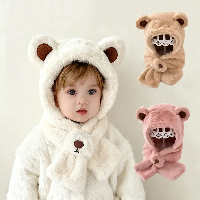 Baby Hat Autumn And Winter Boys' And Girls' Scarves In One Teddy Bear Plush Hat Winter Children's Plush Thickened Windproof Hat