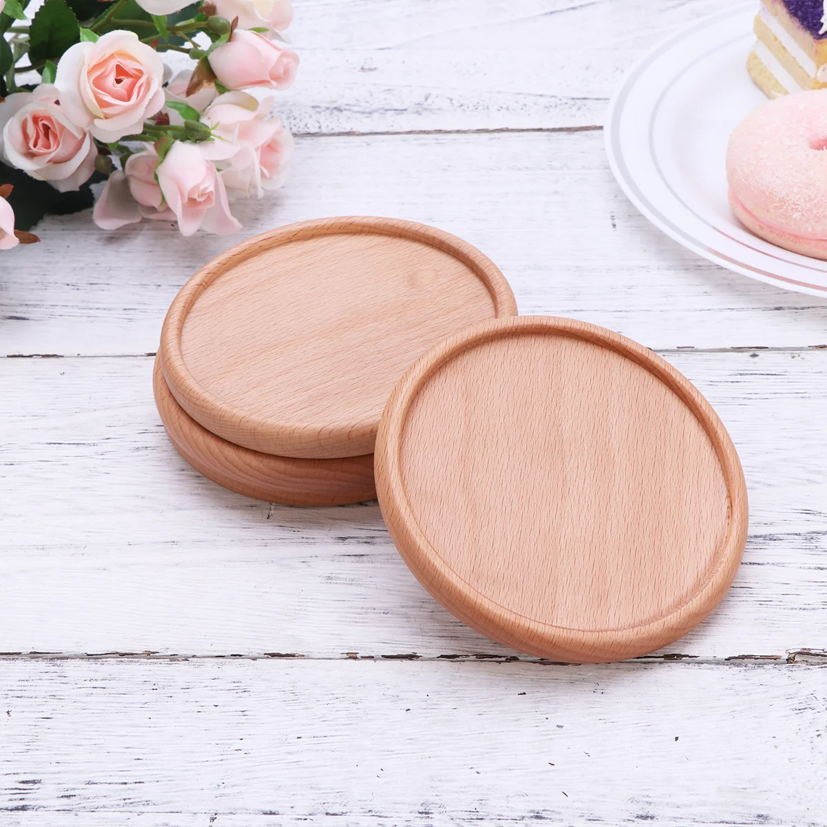 

4 pcs Wooden Coasters Round 10X10Cm Beech Wood Grain Insulation Pad For Mug Cup Bowl Non-Slip Table Mat Home Kitchen Bar Decor