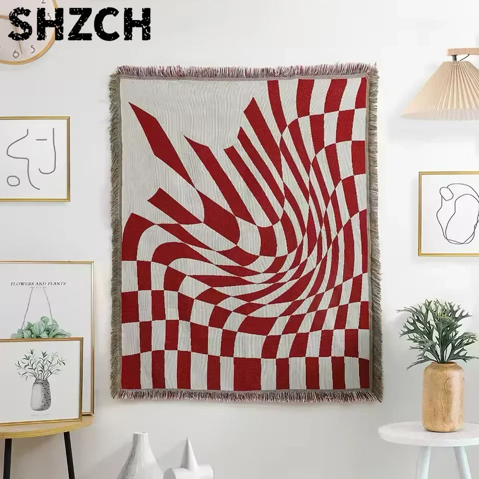 Red White Optical Illusion Throw Blanket Abstract Warped Checkerboard Swirl Jacquard Woven Tapestry Modern Op Art Decor Throw