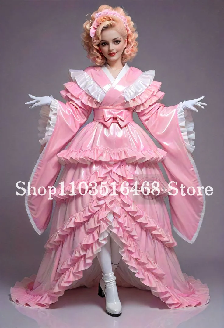 

Customised Dreamy Pink Vintage Victorian Ball Gown Leather Shimmering Laser Cut Fabric Evening Dress Bow Homecoming Prom Dress