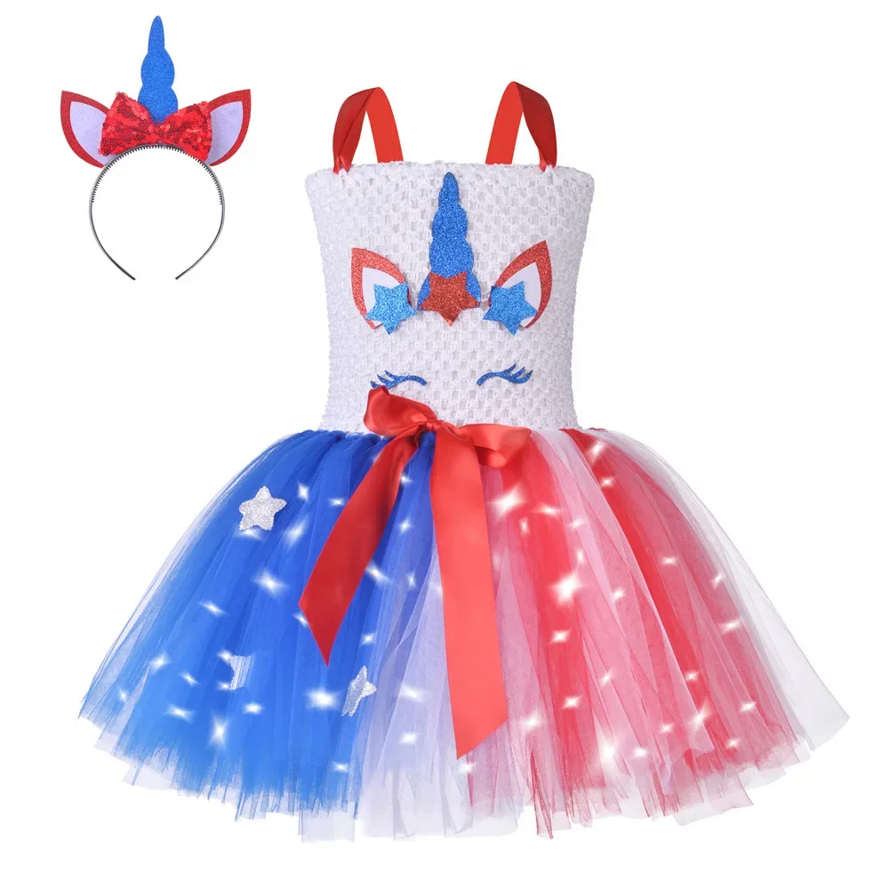 Branco vermelho azul trajes do dia da independência dos eua meninas festivais americanos fantasia vestido crianças festa de férias cosplay tutu outfit com arco