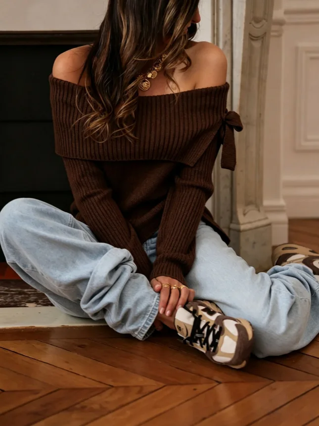 MsChuh Women's Knitted Sweaters Collection Features Large Lapel Pullover In Solid Color With A Bow Fashionable Versatile Tops 5