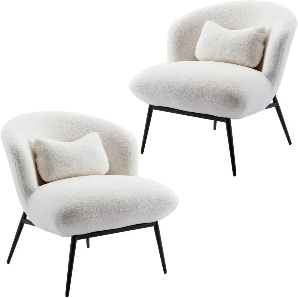 

Living Room Chairs Set of 2, Modern Upholstered Accent Chair with Metal Legs and Pillow Cute, Sherpa Single Sofa Chairs