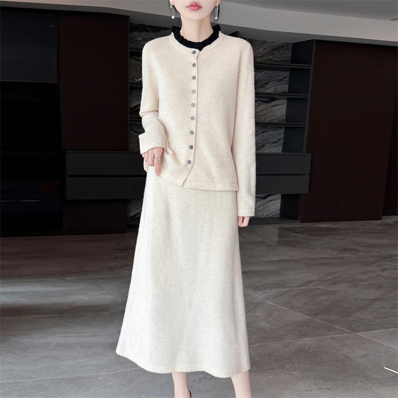Fall/Winter New 100% Pure Wool Skirt Loose And Comfortable Striped Low Round Neck Cardigan Fashion Joker Dress