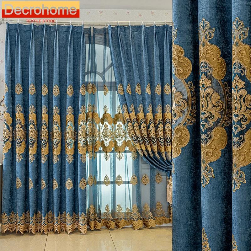 

European Style Luxury Royal Blue Thickened Chenille Embroidered Curtains for Living Room Bedroom Dining Custom Size Retro Drapes