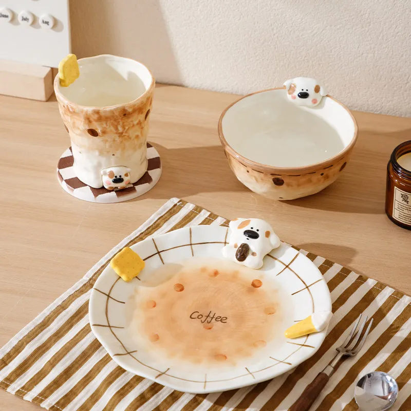 Coffee Dog Cute Plate, Bowl, Tableware, Household Rice Bowl, Ceramic Single Person Food, Good-looking and High-value Cup