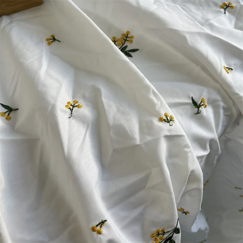 1 Yard Embroidery Yellow Flower Bouquet Cotton Fabric Solid Fabric For Summer Blouse Boho Bridal Dress, Prairie Dress