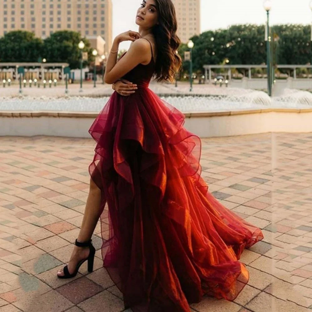 

Tulle Elegant Prom Dresses Spaghetti Straps V Neck Split Evening Gowns Sweep Train New Evening Dress Vestidos De Novia