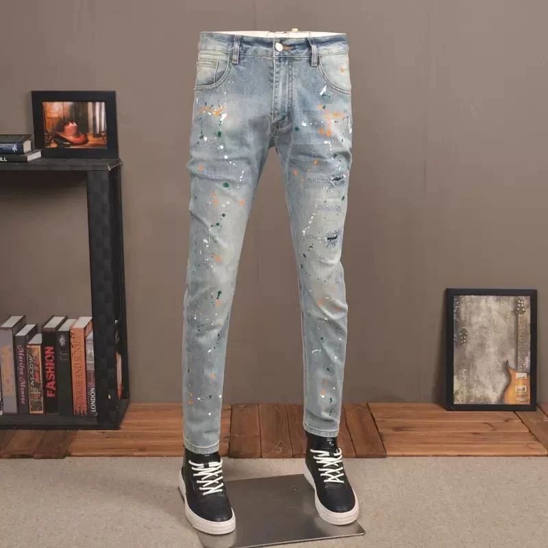 Fashion Designer Men Jeans Retro Light Blue Stretch Slim Fit Ripped Jeans Men Streetwear Elastic Painted Hip Hop Pants Hombre