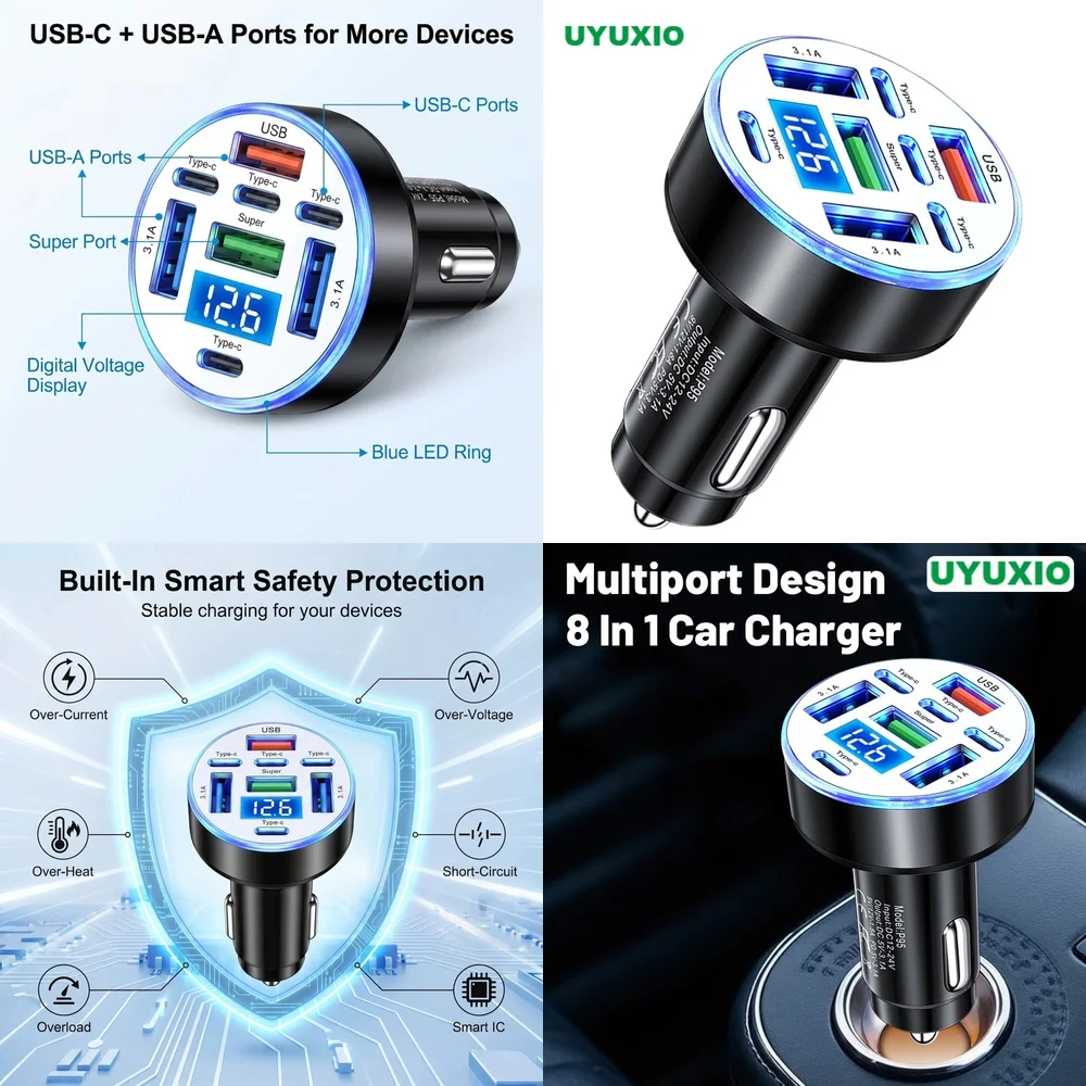 Multi Port 8 in 1 Car Charging Charger for iPhone 16 Pro Max Samsung S26 Ultra iPad with Digital Voltage Display Screen