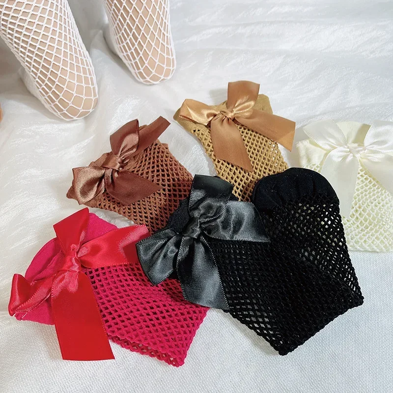 2023 New Bow Fishnet Ankle High Socks Lace Fish Net Vintage Back Bow Short Sock Girl New Summer Wear Baby Girls Kids Mesh Socks