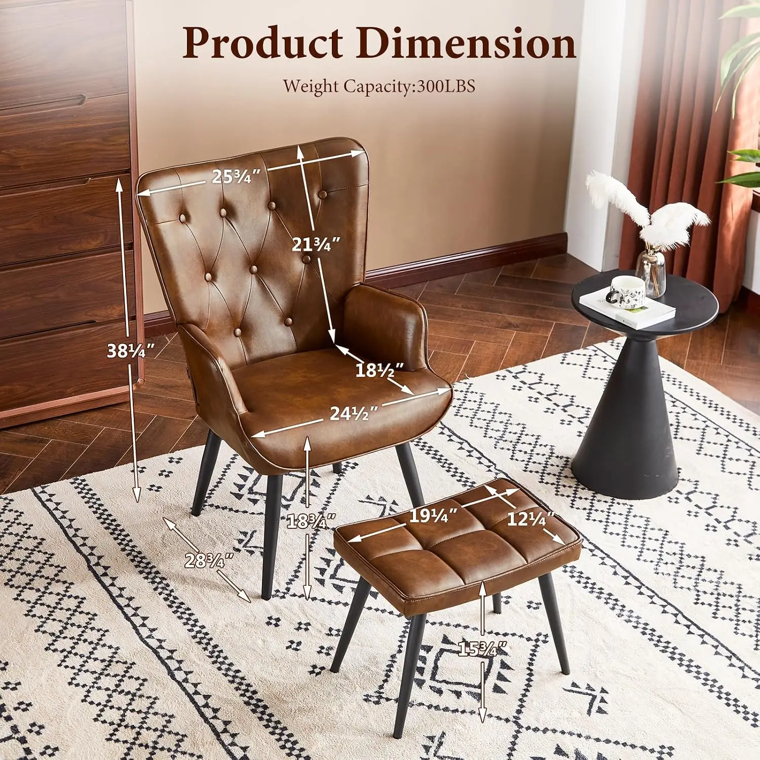 PU Leather Accent Chair with Ottoman, High Backrest Tufted Wingback Armchair for Bedroom Office, Brown, Customized