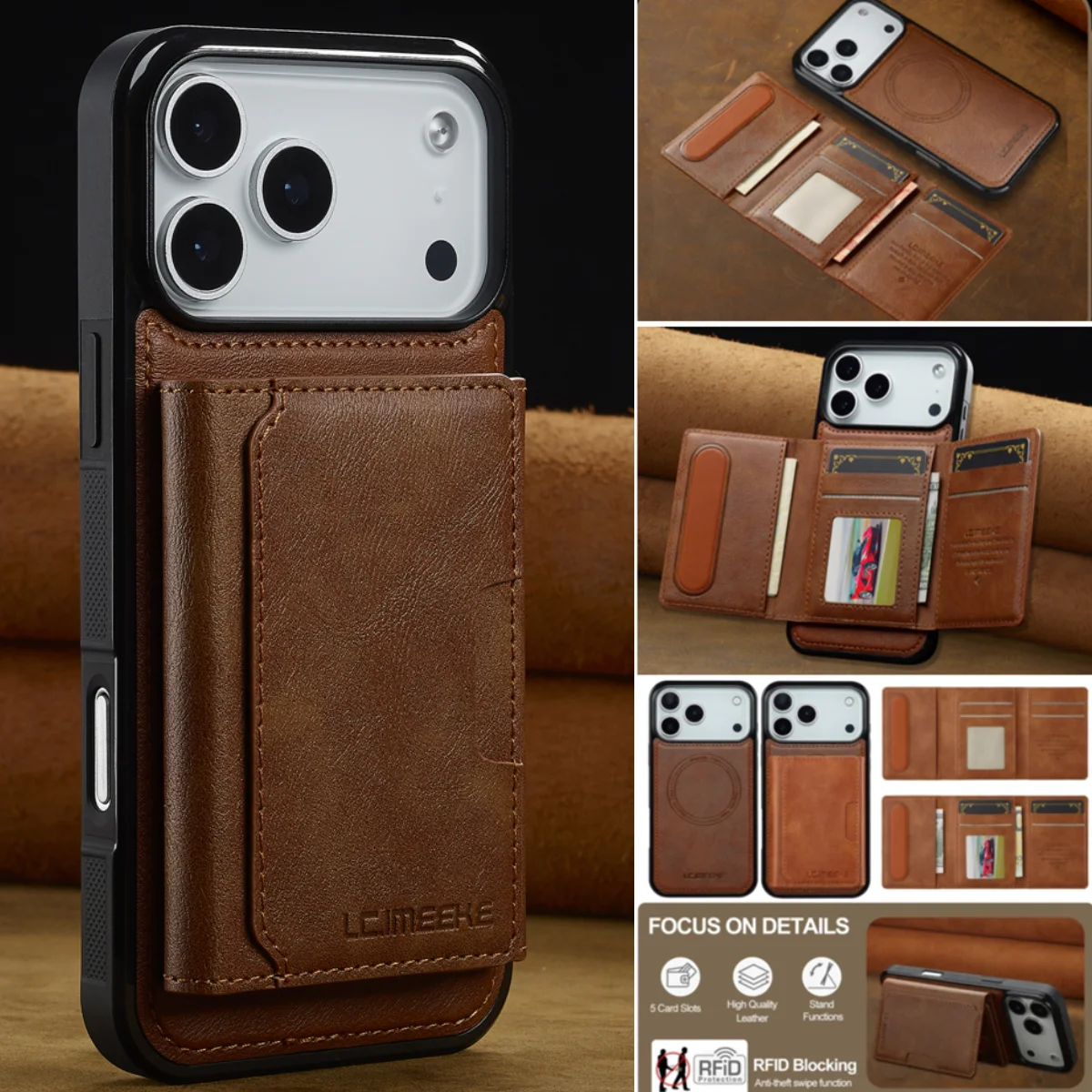 

Кожаный чехол MagSafe с магнитной откидной крышкой для iPhone 17 Pro Max Air 16 16E 15 14 13 12 11 Pro Max Plus, чехол-бумажник для задней панели телефона