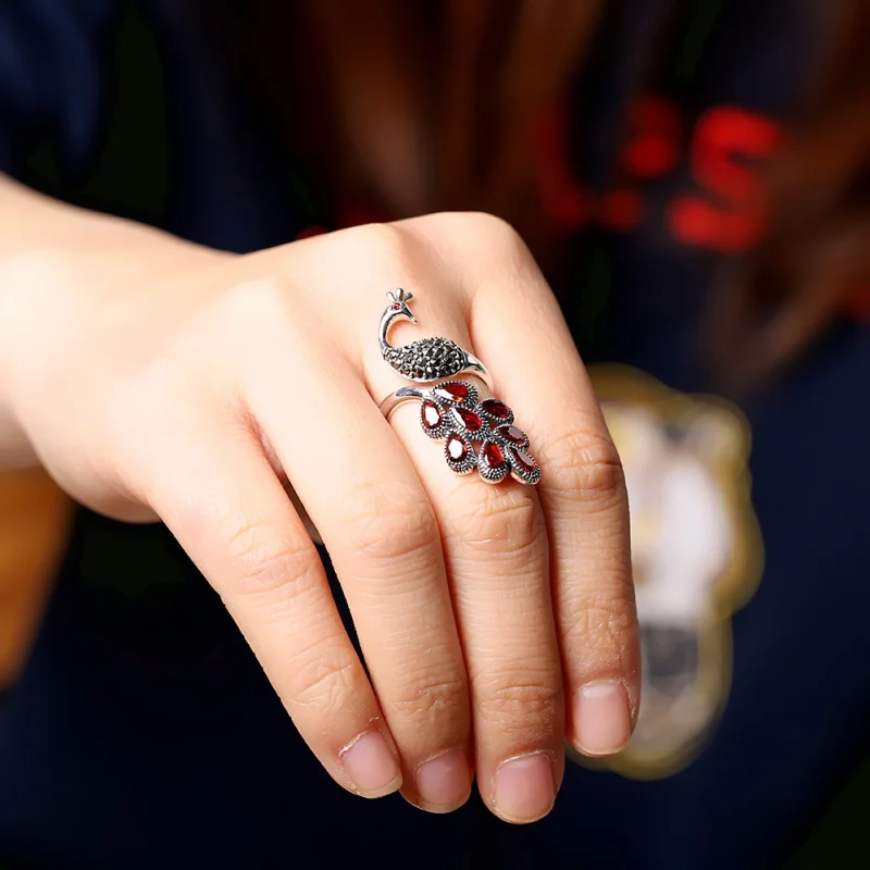 Genuine S925 Sterling Silver Charms Rings for Women New Fashion  Peacock Inlaid Garnet Micro Marcasite Punk Jewelry Wholesale