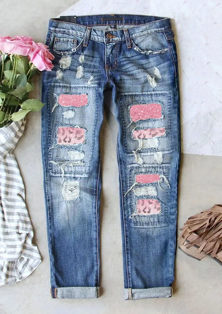 Women's Mid Waist Distressed Straight Leg Cotton Long Casual Jeans with Pink Leopard Print Patch for Women Everyday Wear Denim