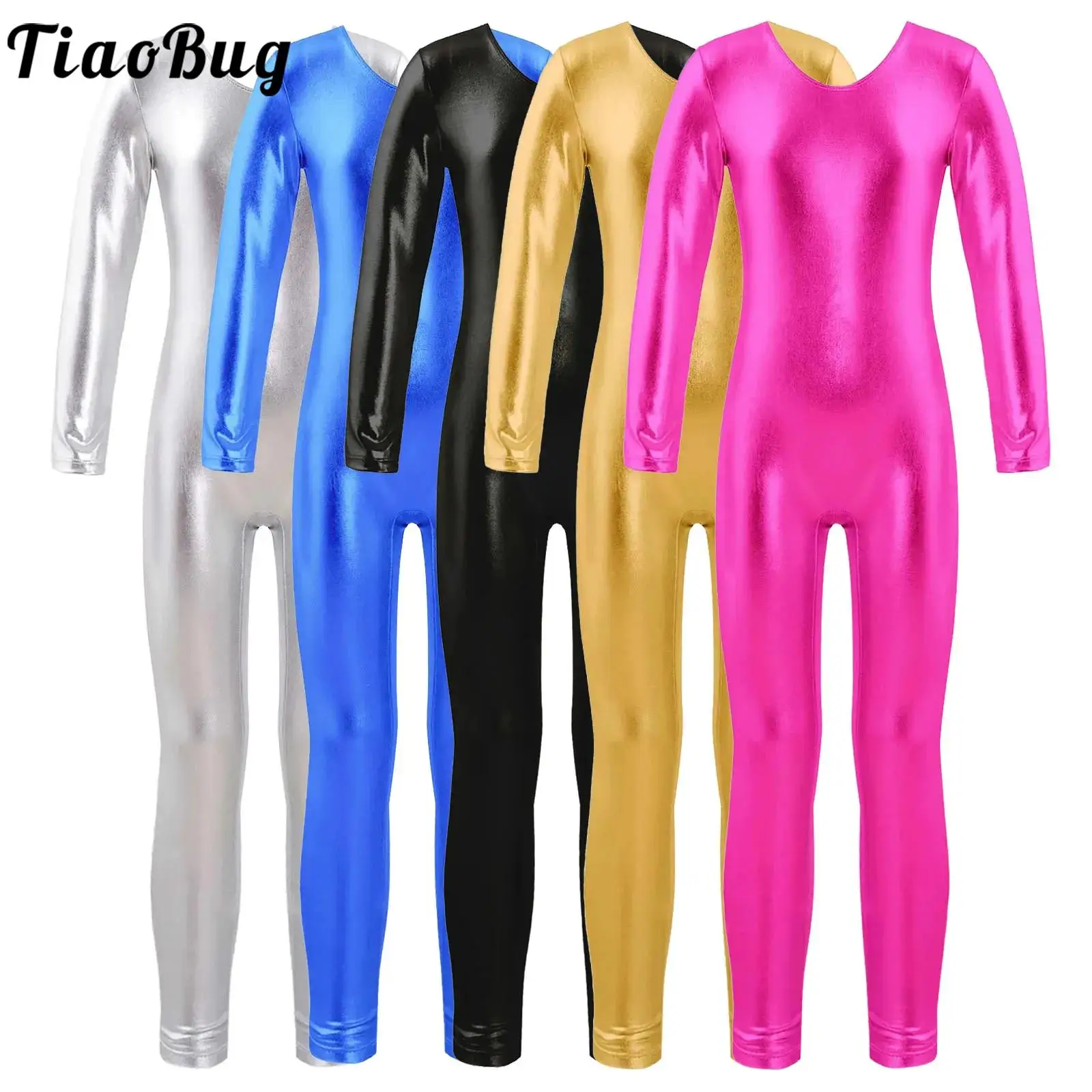 Kids Girls One Piece Long Sleeves Full Body Gymnastics Ballet Dance Leotard Jumpsuit Shiny Metallic Bodusuit Dance Costumes