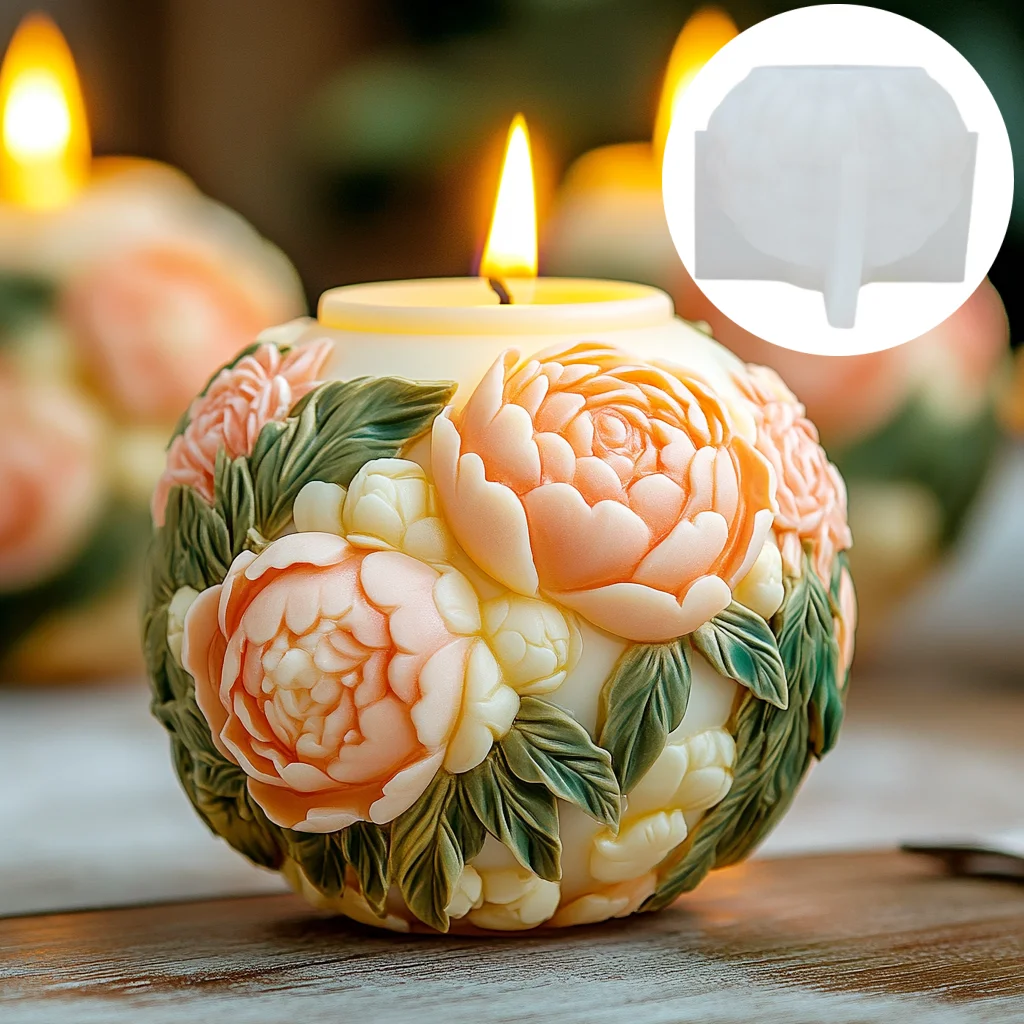 Large Peony flower ball rose relief sphere candle silicone mold peony flower ball plant leaf relief resin mold gypsum molds