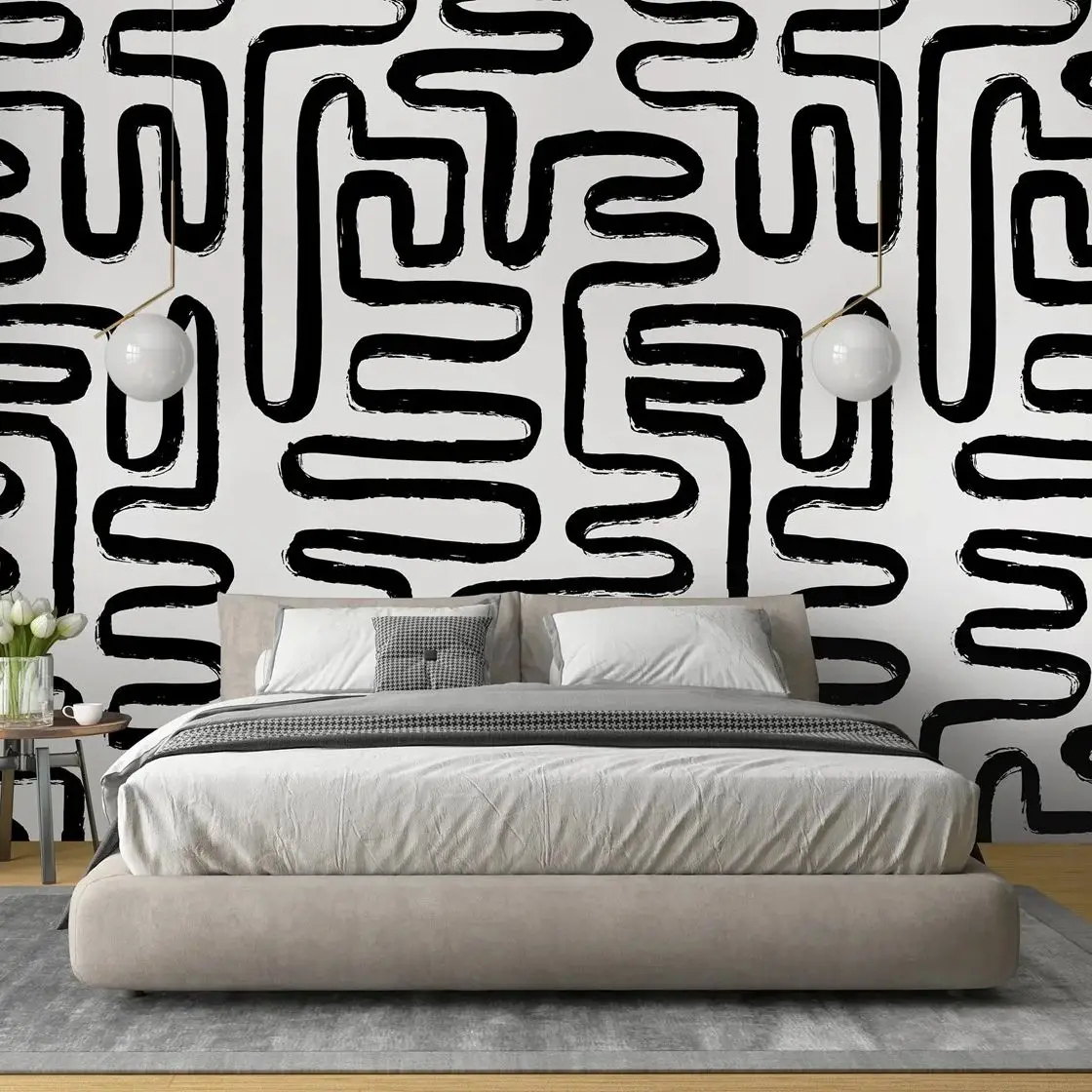 Black & White Lines Self Adhesive Wallpaper,Abstract Boho Peel and Stick Wall Mural For Home Decor,Scandinavian Tradition Paper
