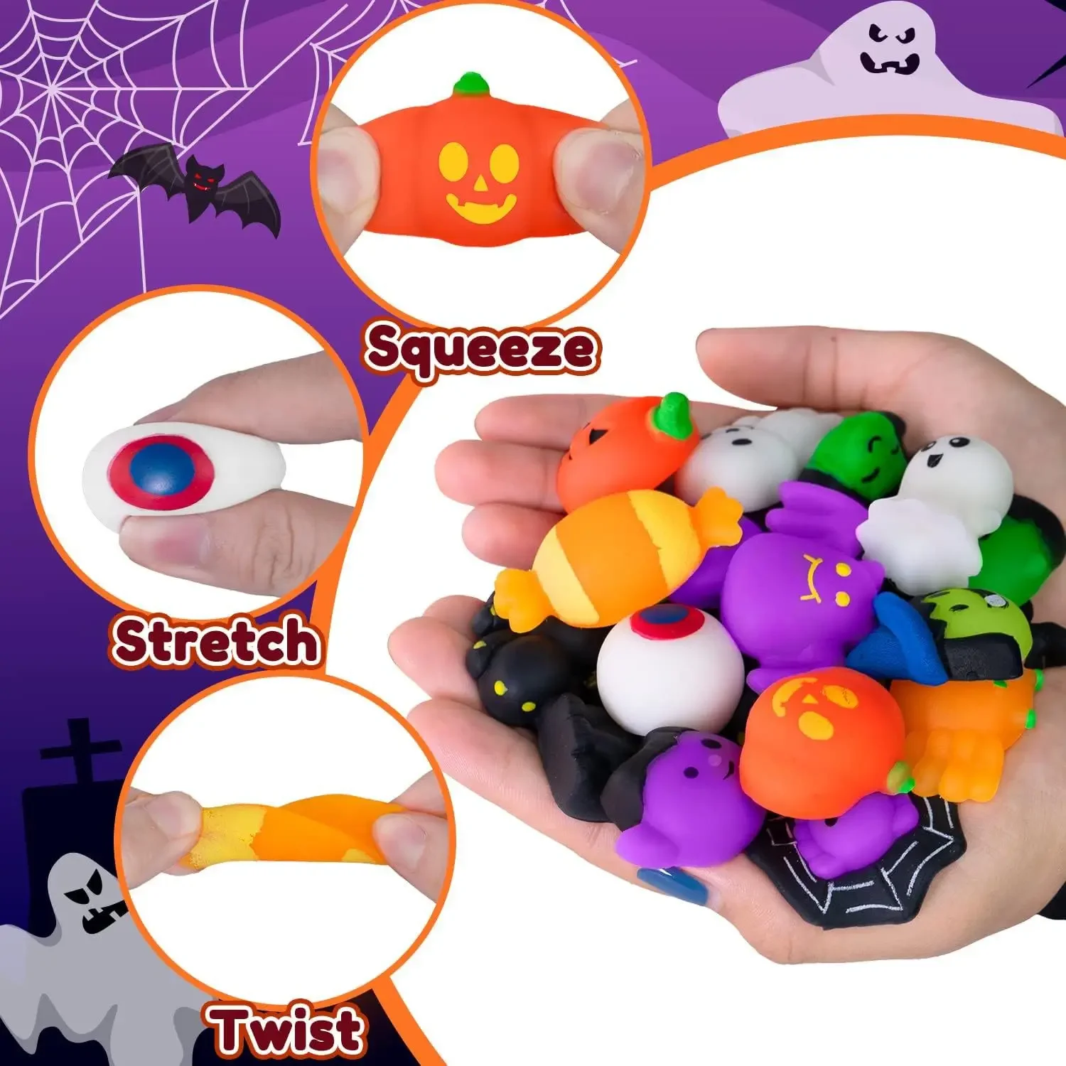 Halloween Party 10Pcs Novel Halloween Squeeze Stress Relief Toy Random Style Ghost Bat Pumpkin Squeeze Vent Toy