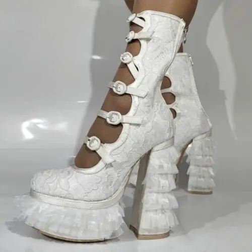 

Pure White Red Lace Floral Buckles Strap Mesh Round Toe Platform Block Heel Mid-calf Boots Women Fashion High Heel Lolita Boots